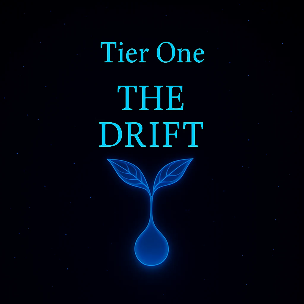 Glowing blue sprout under centered text "Tier One: Initiates of the Drift" on a dark starry background