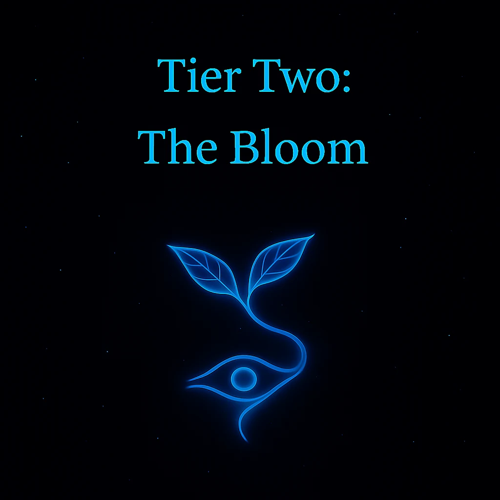 Glowing blue sprout under centered text "Tier One: Initiates of the Drift" on a dark starry background