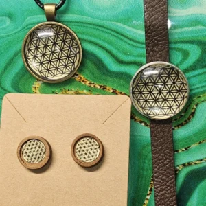 flower of life Jewelry Set – Pendant Necklace, Bracelet, and Wooden Earrings