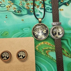 Tree of Life Jewelry Set – Pendant Necklace, Bracelet, and Wooden Earrings