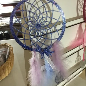 Blue Glitter Acrylic Dream Catcher with Pink and Lavender Feathers
