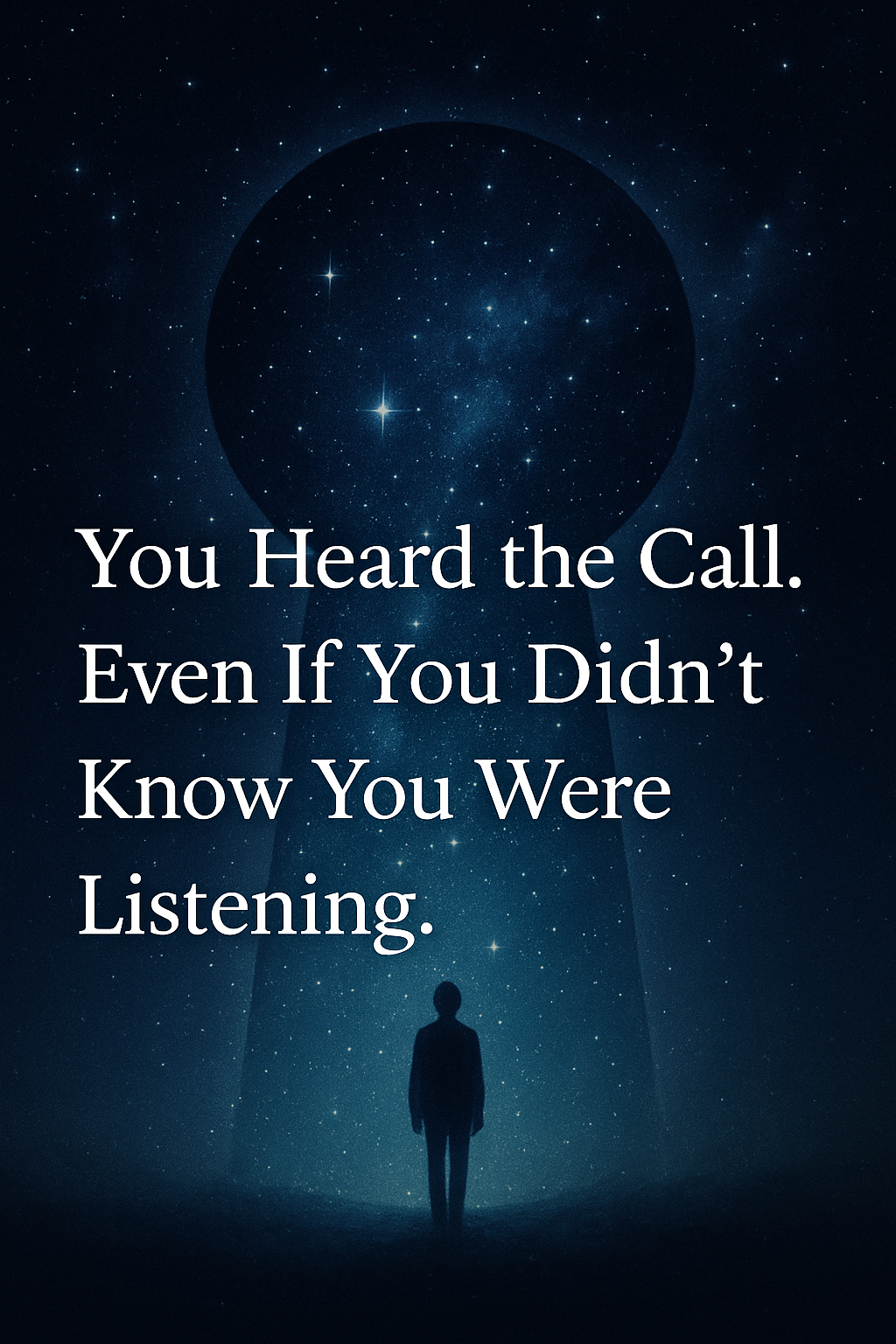 Silhouette standing before a cosmic keyhole-shaped portal, surrounded by stars, symbolizing awakening and spiritual alignment