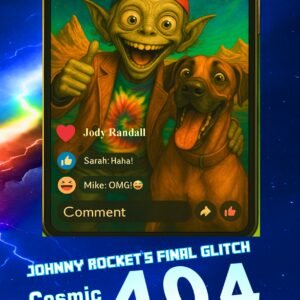 Front book cover of Johnny Rocket’s Final Glitch, featuring Johnny and his prophetic dog on a cosmic livestream with quirky reactions.