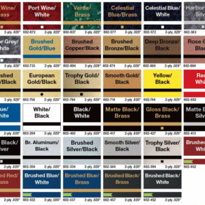 Engraving material color sample chart showing layered color combinations with core contrasts for custom designs.